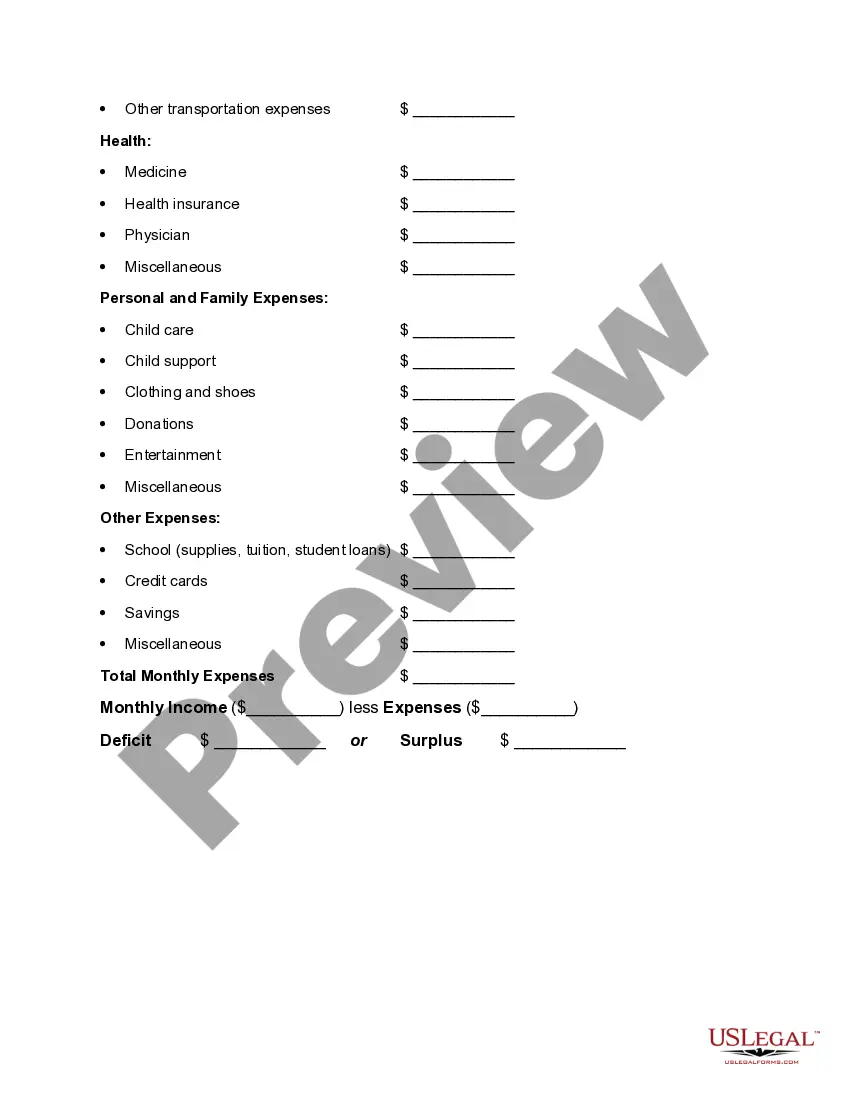 Preview Worksheet for Making a Budget