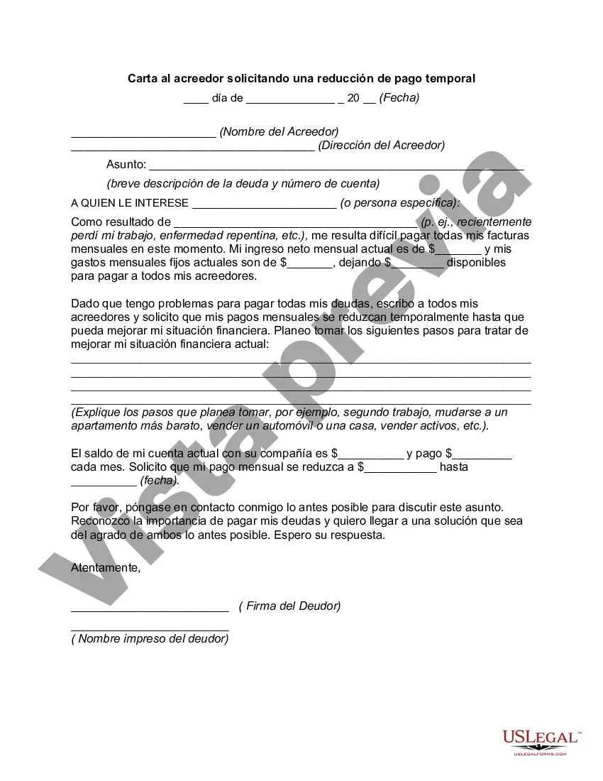 Preview Carta al acreedor solicitando una reducción de pago temporal