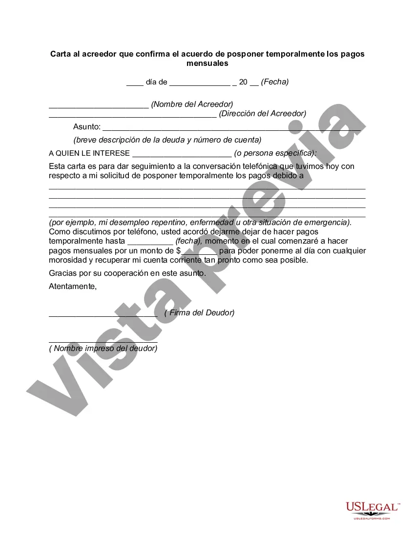 Preview Carta al acreedor que confirma el acuerdo de posponer temporalmente los pagos mensuales