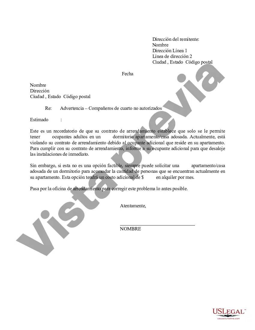 Preview Carta - Advertencia al inquilino sobre compañero de cuarto no autorizado