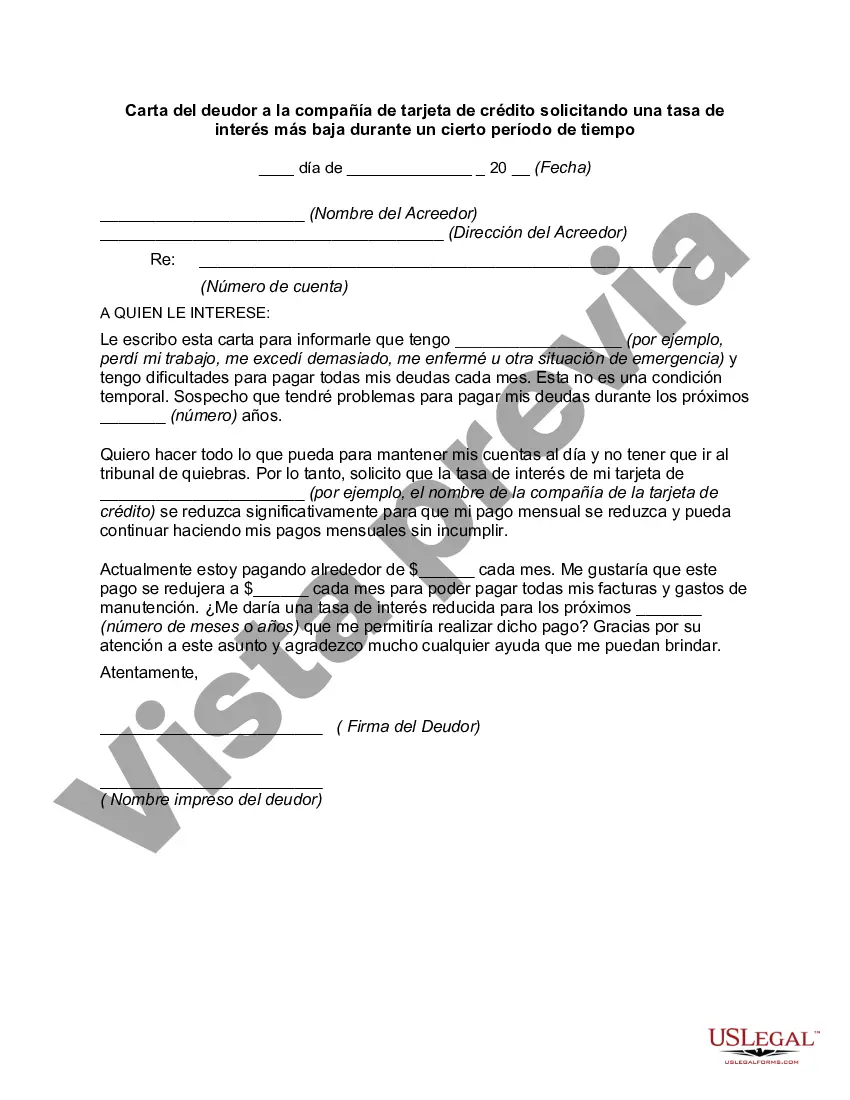 Preview Carta del deudor a la compañía de tarjeta de crédito solicitando una tasa de interés más baja durante un cierto período de tiempo