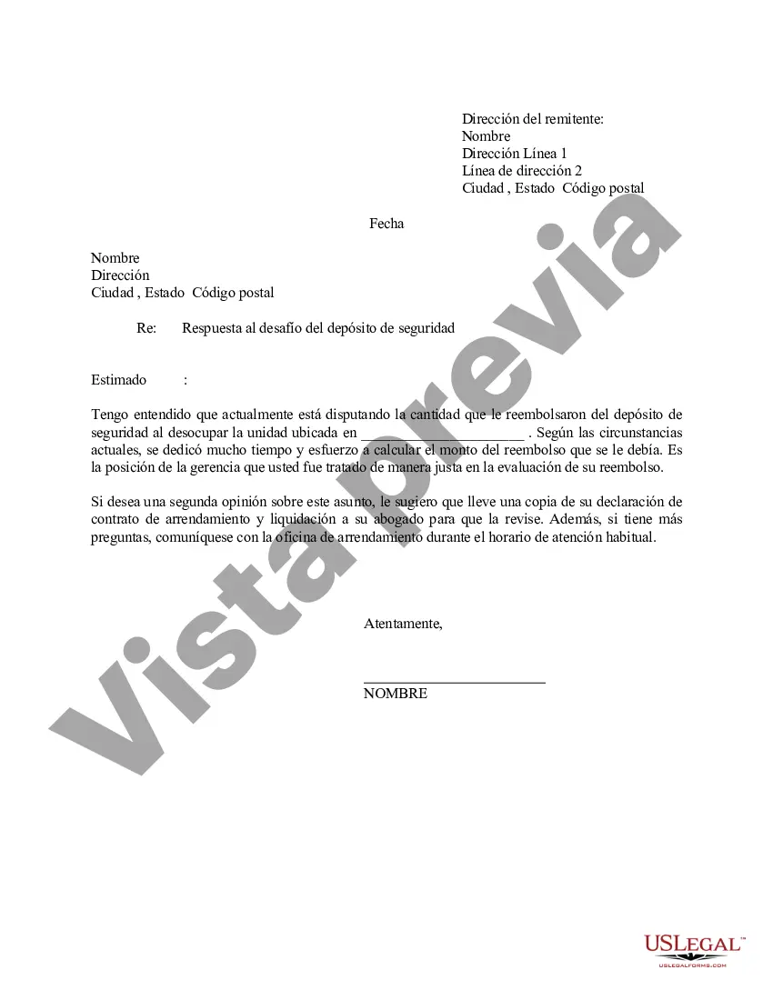 Preview Carta - Al inquilino en respuesta a un desafío al reembolso del depósito de seguridad