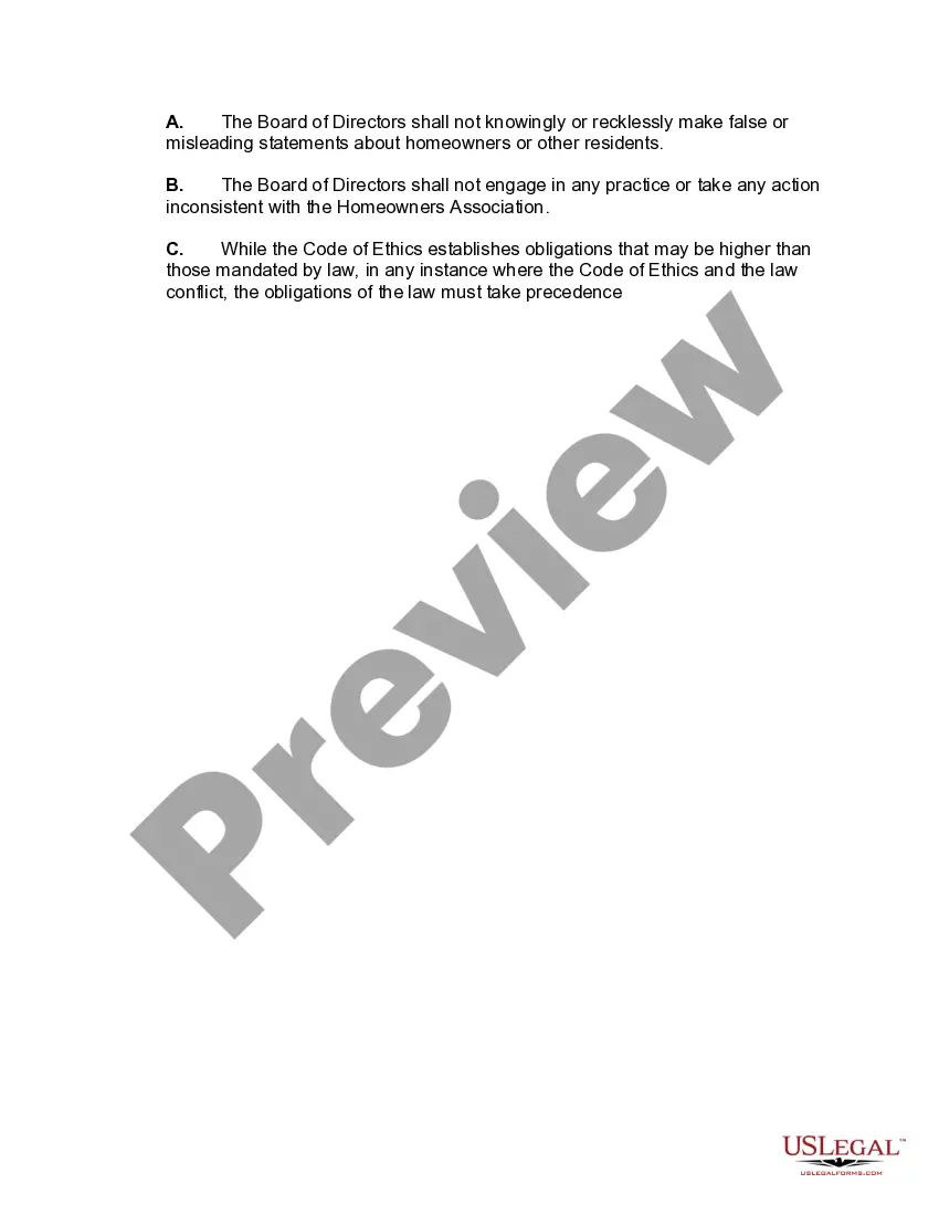 Get Code of Ethics, Duty of Care of Board of Directors of Homeowners' Association Preview Code of Ethics, Duty of Care of Board of Directors of Homeowners' Association