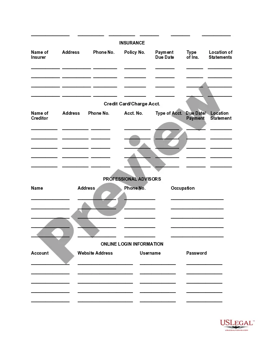 Preview Personal Financial Information Organizer