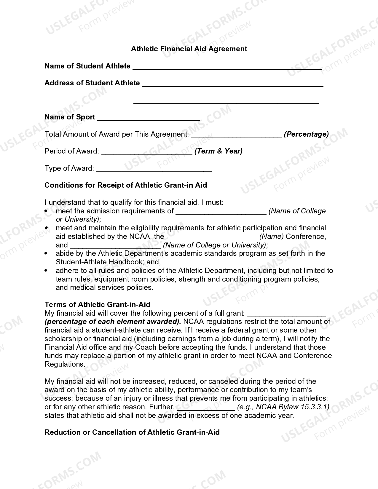 Athletic Financial Aid Agreement US Legal Forms