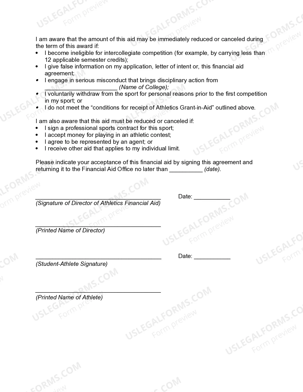 Preview Athletic Financial Aid Agreement