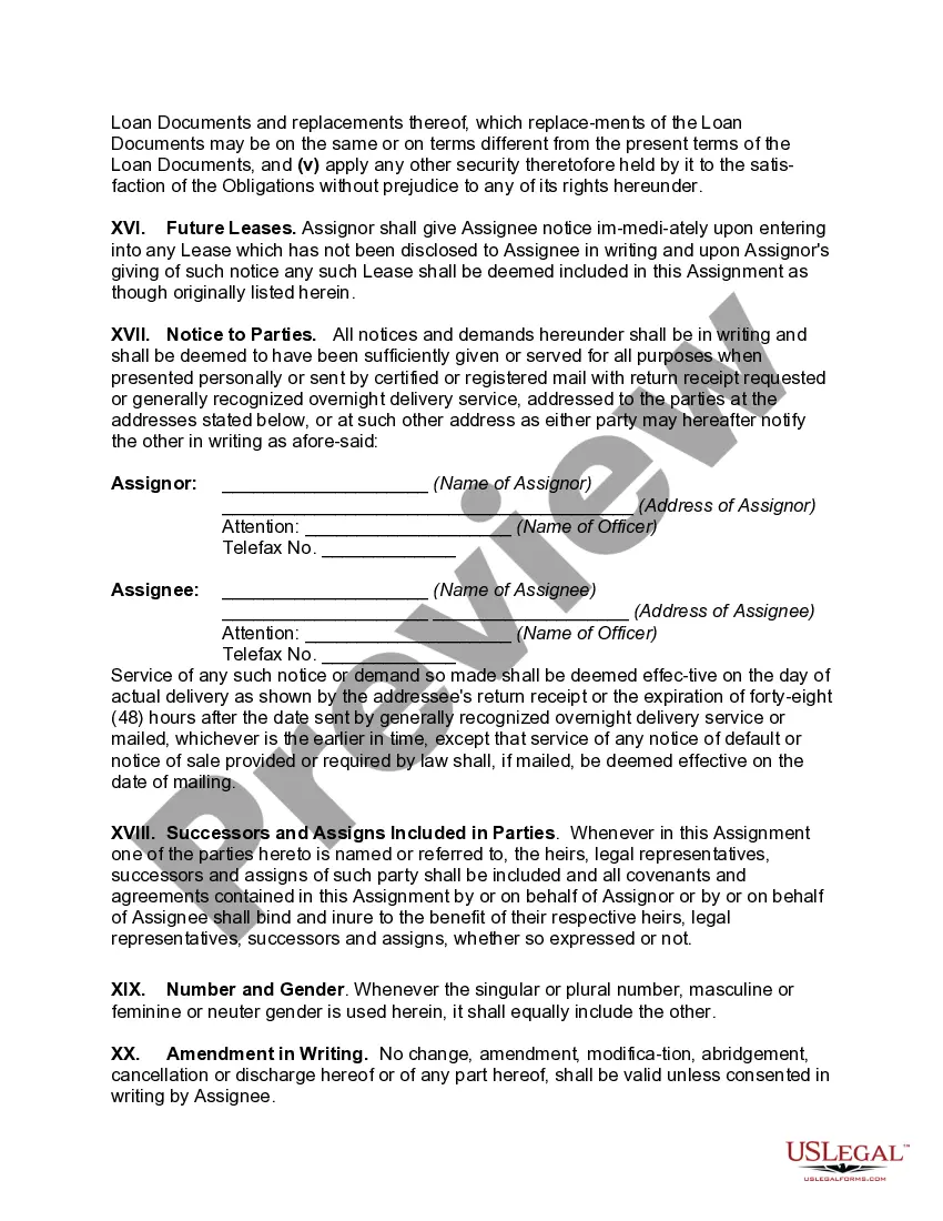 Get Assignment of Leases and Rents as Collateral Security for a Commercial Loan Preview Assignment of Leases and Rents as Collateral Security for a Commercial Loan