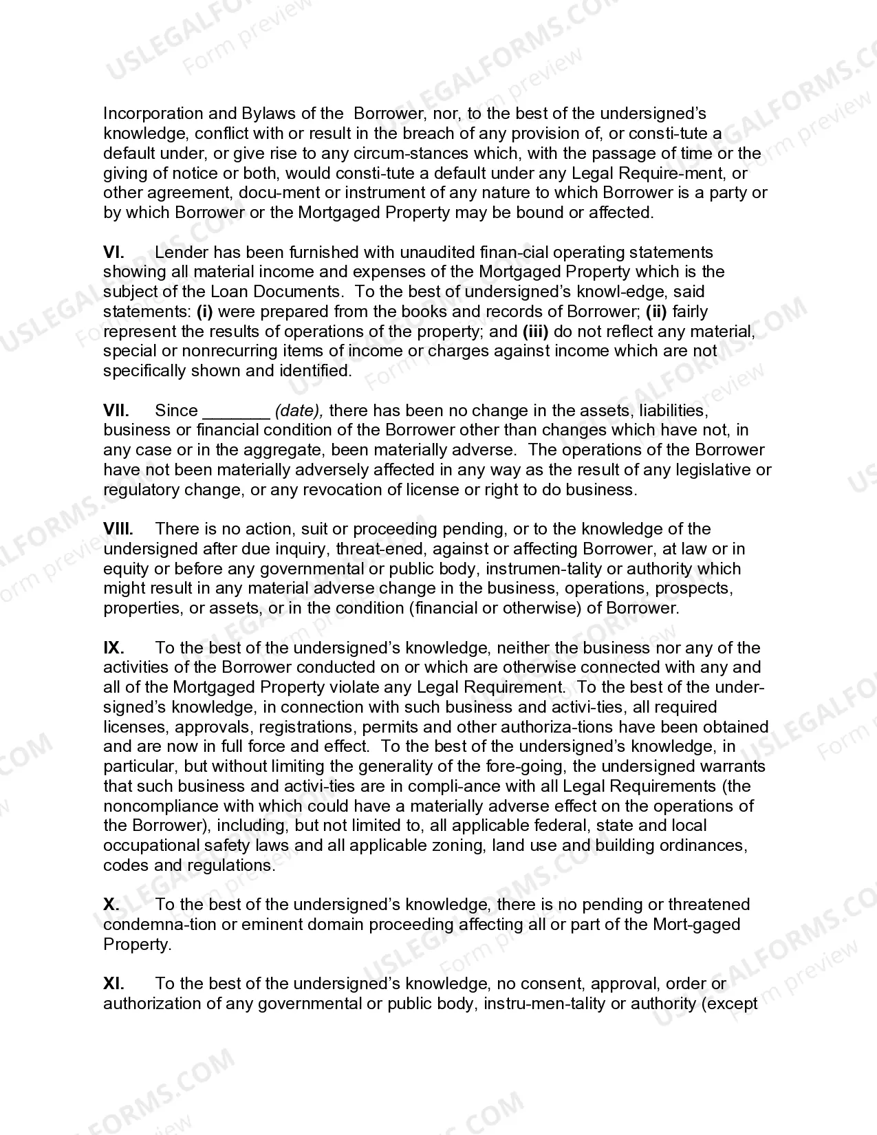 Preview Certificate of Borrower regarding Commercial Loan