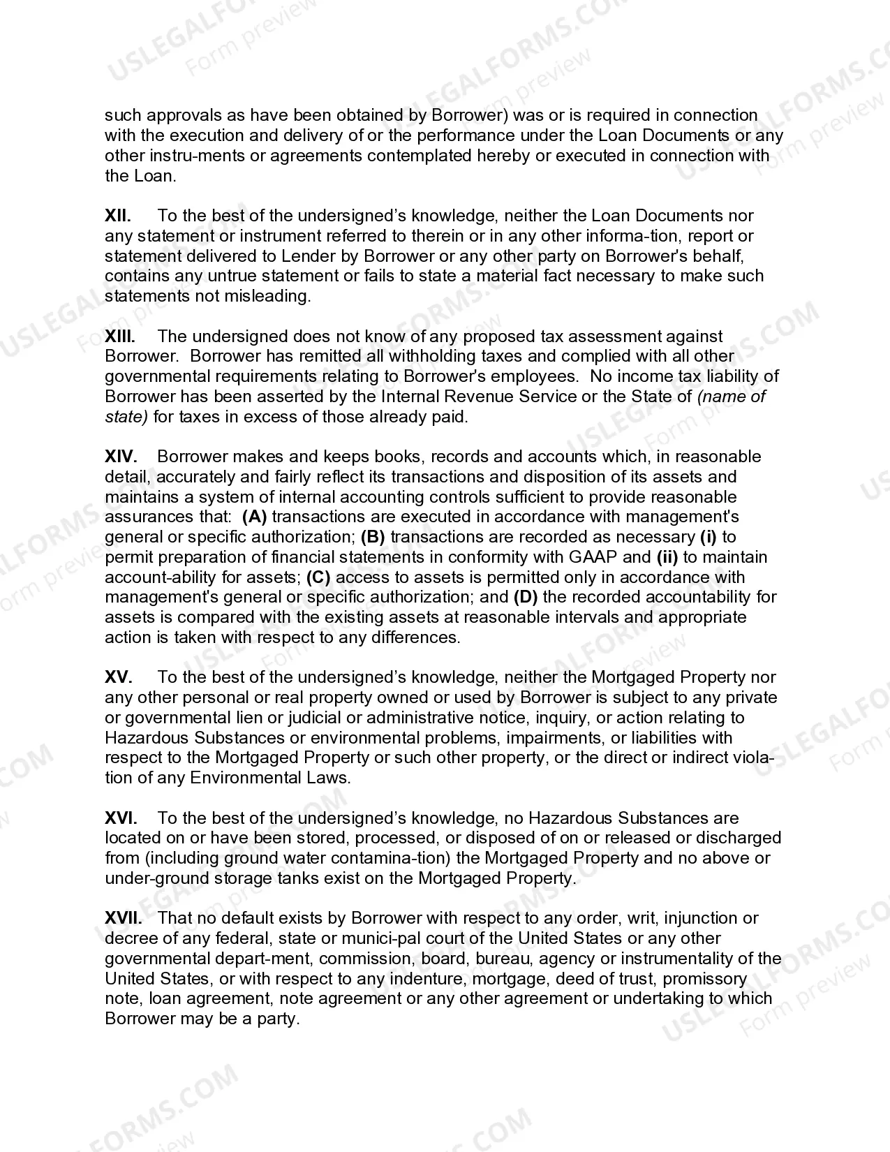 Preview Certificate of Borrower regarding Commercial Loan