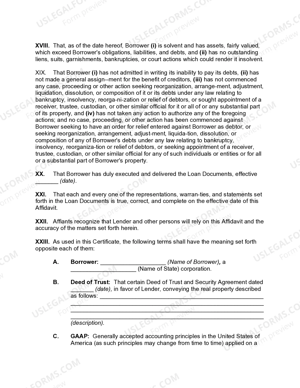 Preview Certificate of Borrower regarding Commercial Loan