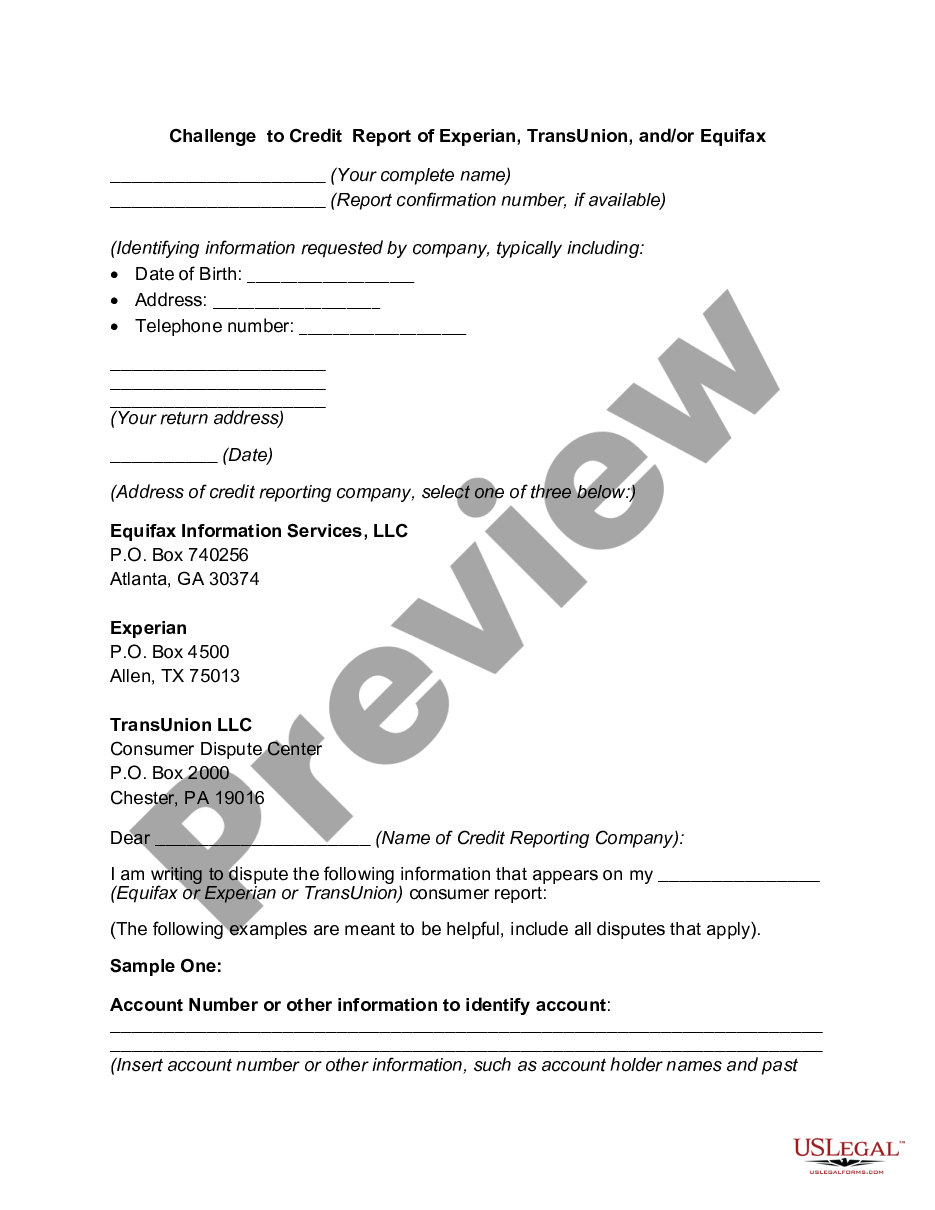 page 0 Challenge to Credit Report of Experian, TransUnion, and/or Equifax preview