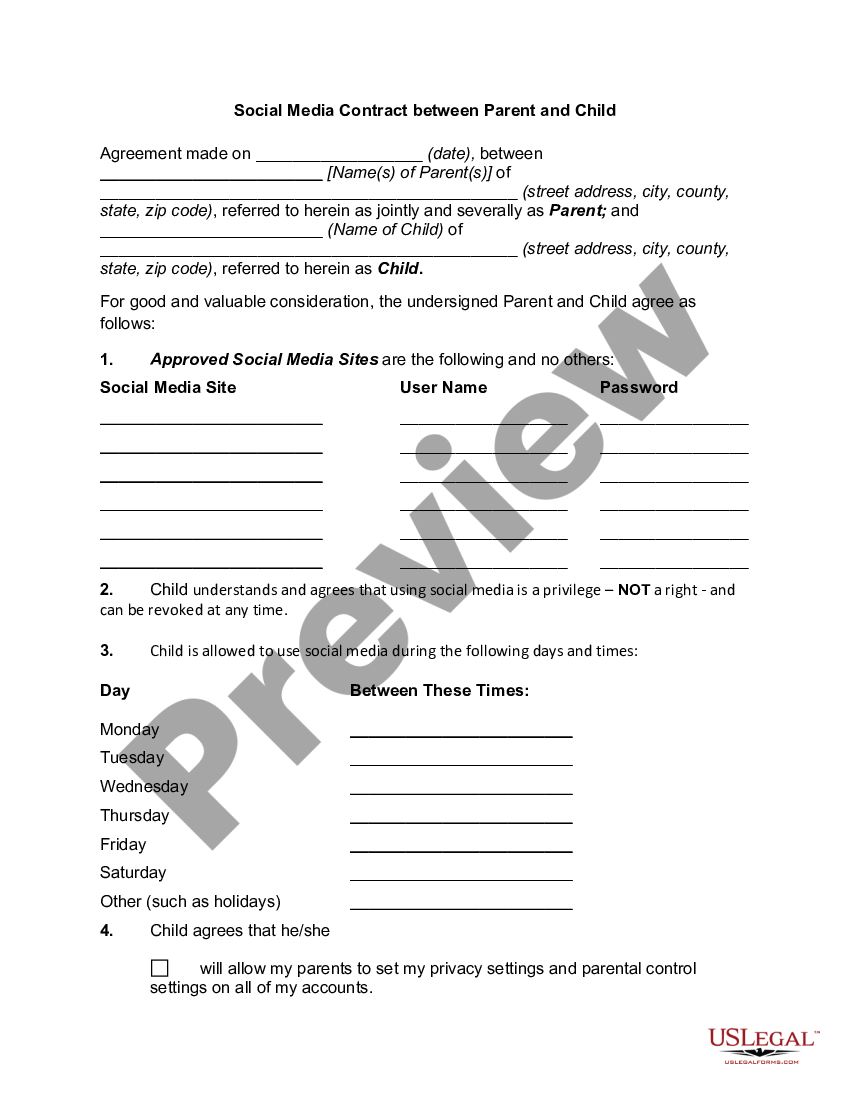 Social Media Contract Between Parent And Child Social Media Contract Us Legal Forms