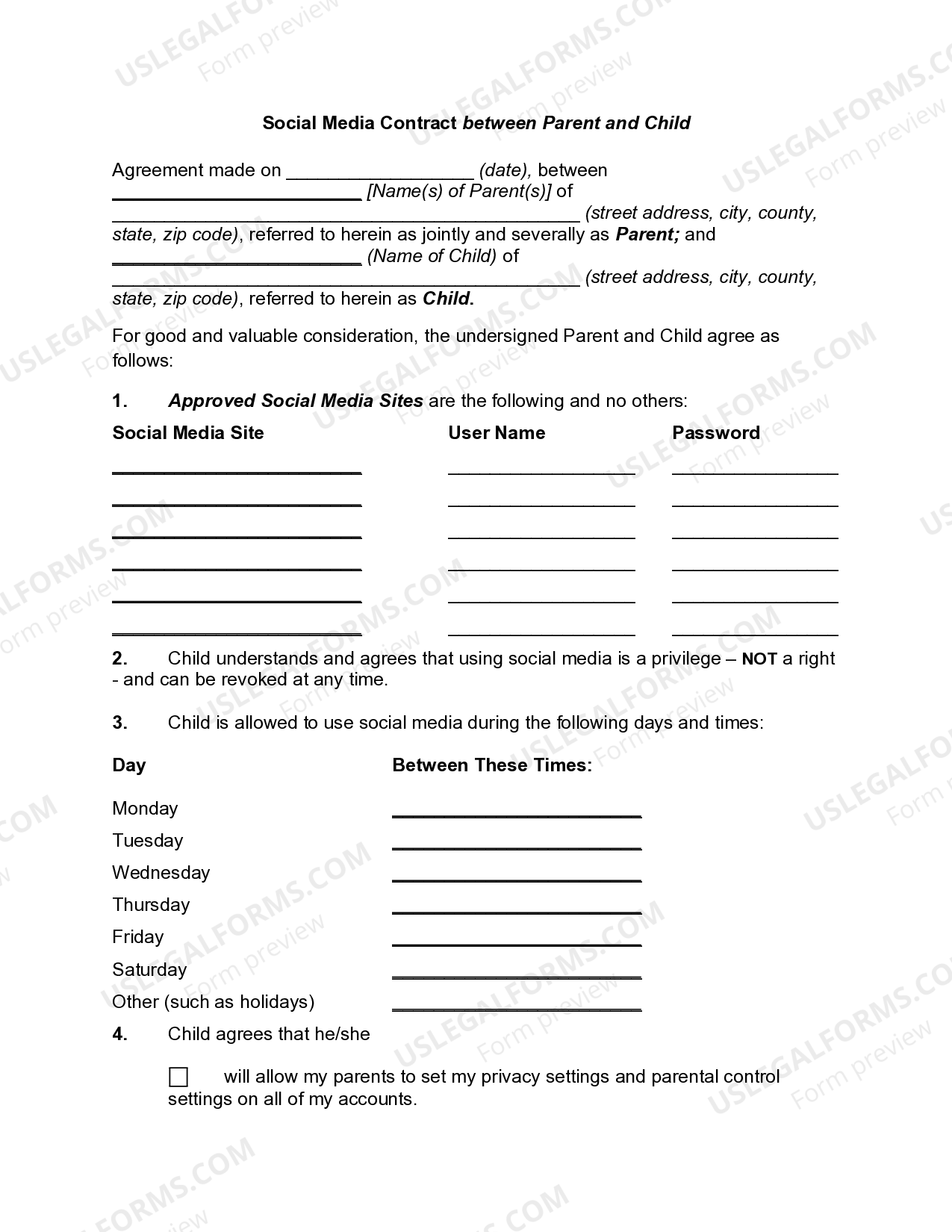 Social Media Contract Between Parent And Child Us Legal Forms