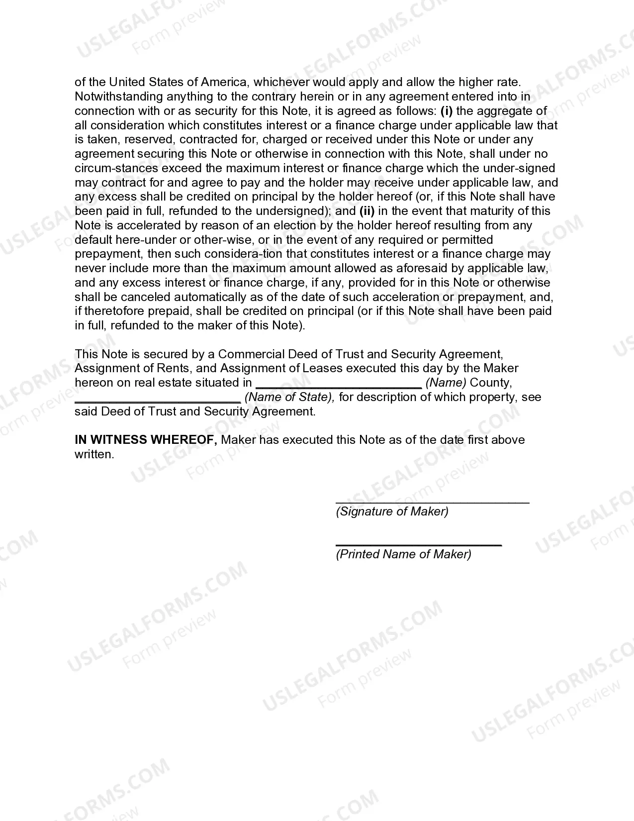 Preview Promissory Note for Commercial Loan Secured by Real Property