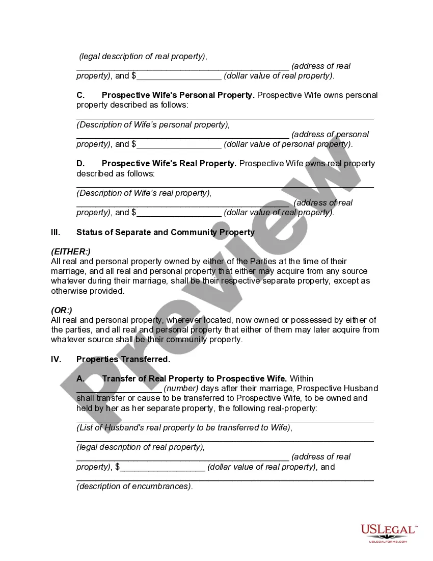 Preview Prenuptial Property Agreement Designating Status of Separate and Community Property