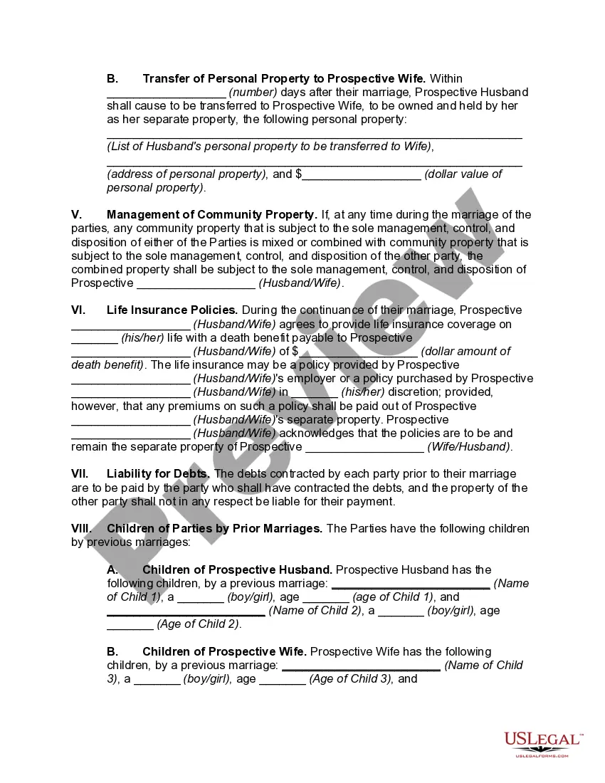 Preview Prenuptial Property Agreement Designating Status of Separate and Community Property