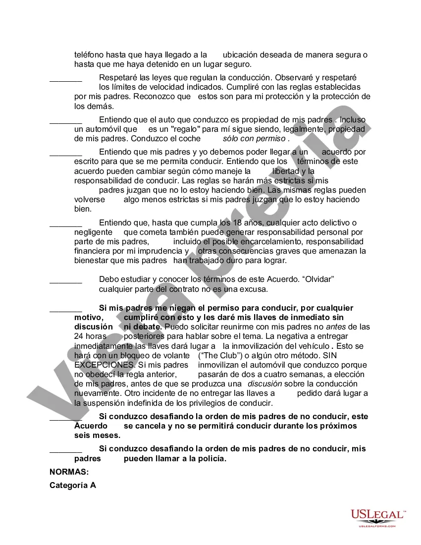 Preview Acuerdo de privilegios de conducción entre el conductor adolescente y los padres