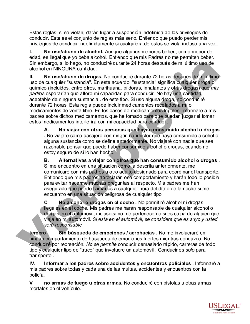 Preview Acuerdo de privilegios de conducción entre el conductor adolescente y los padres