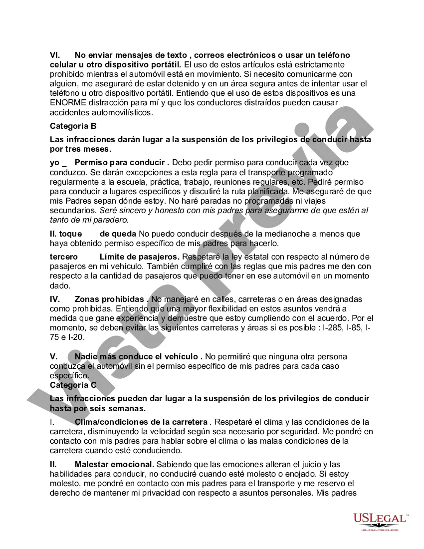 Preview Acuerdo de privilegios de conducción entre el conductor adolescente y los padres