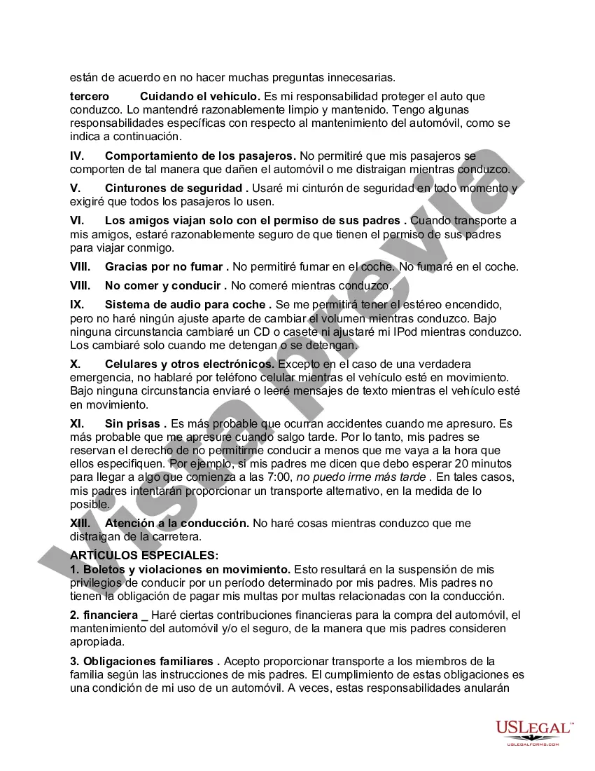 Preview Acuerdo de privilegios de conducción entre el conductor adolescente y los padres