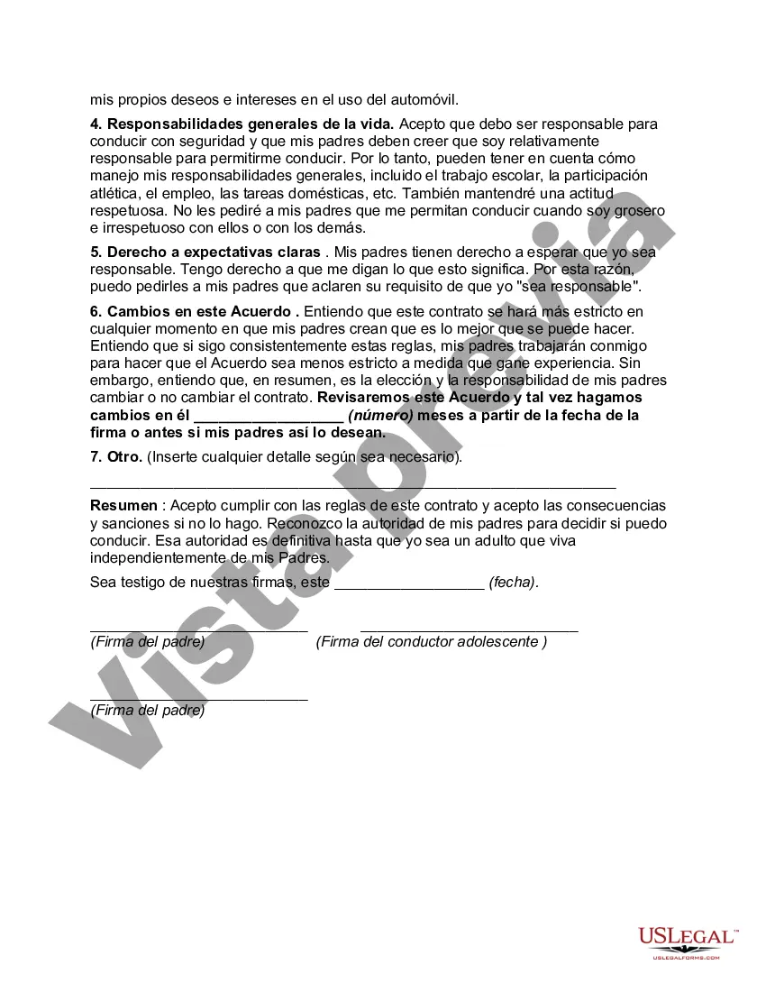 Preview Acuerdo de privilegios de conducción entre el conductor adolescente y los padres