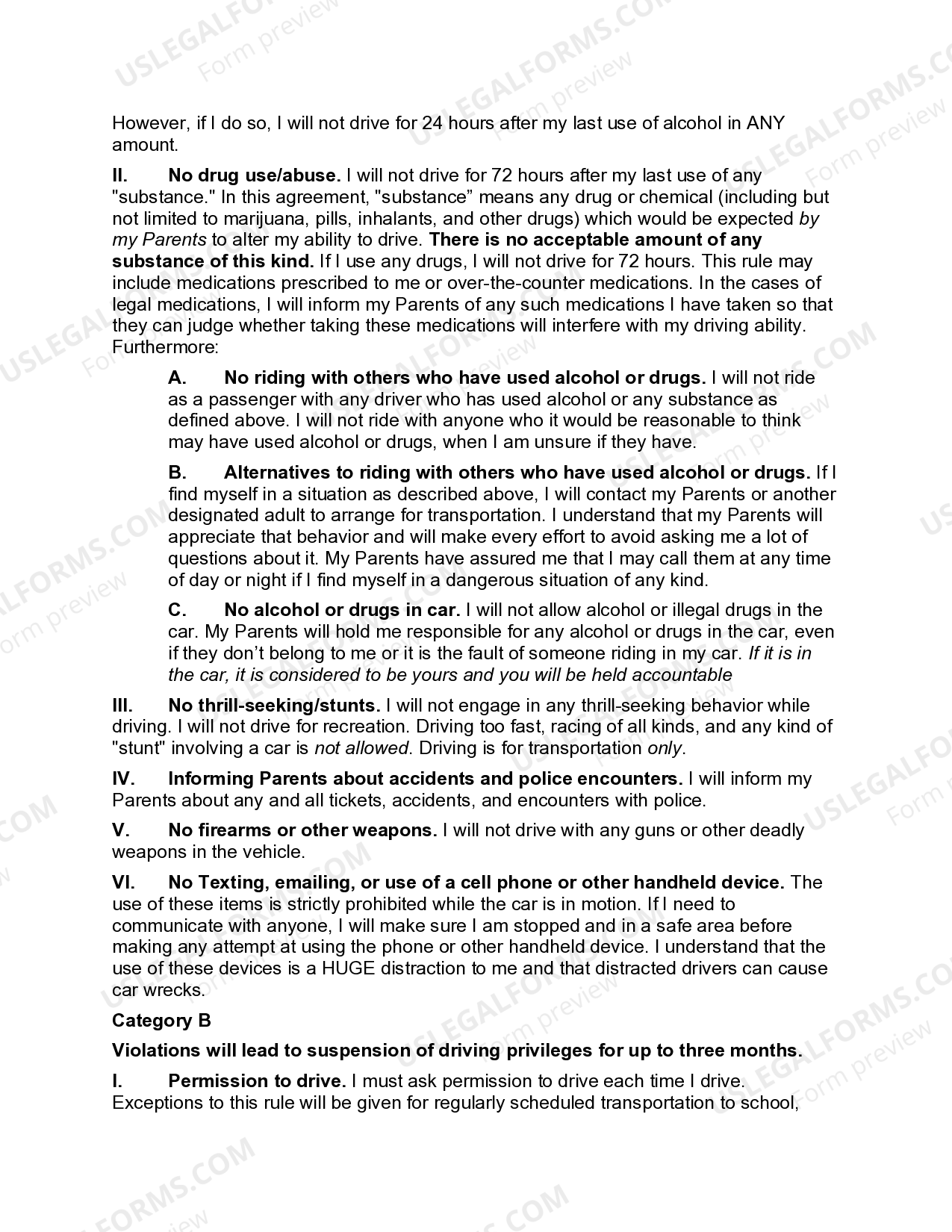 Driving Privileges Agreement between Teenage Driver and Parents US