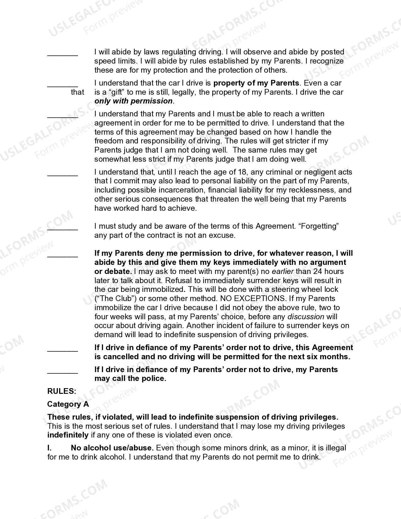 Preview Driving Privileges Agreement between Teenage Driver and Parents