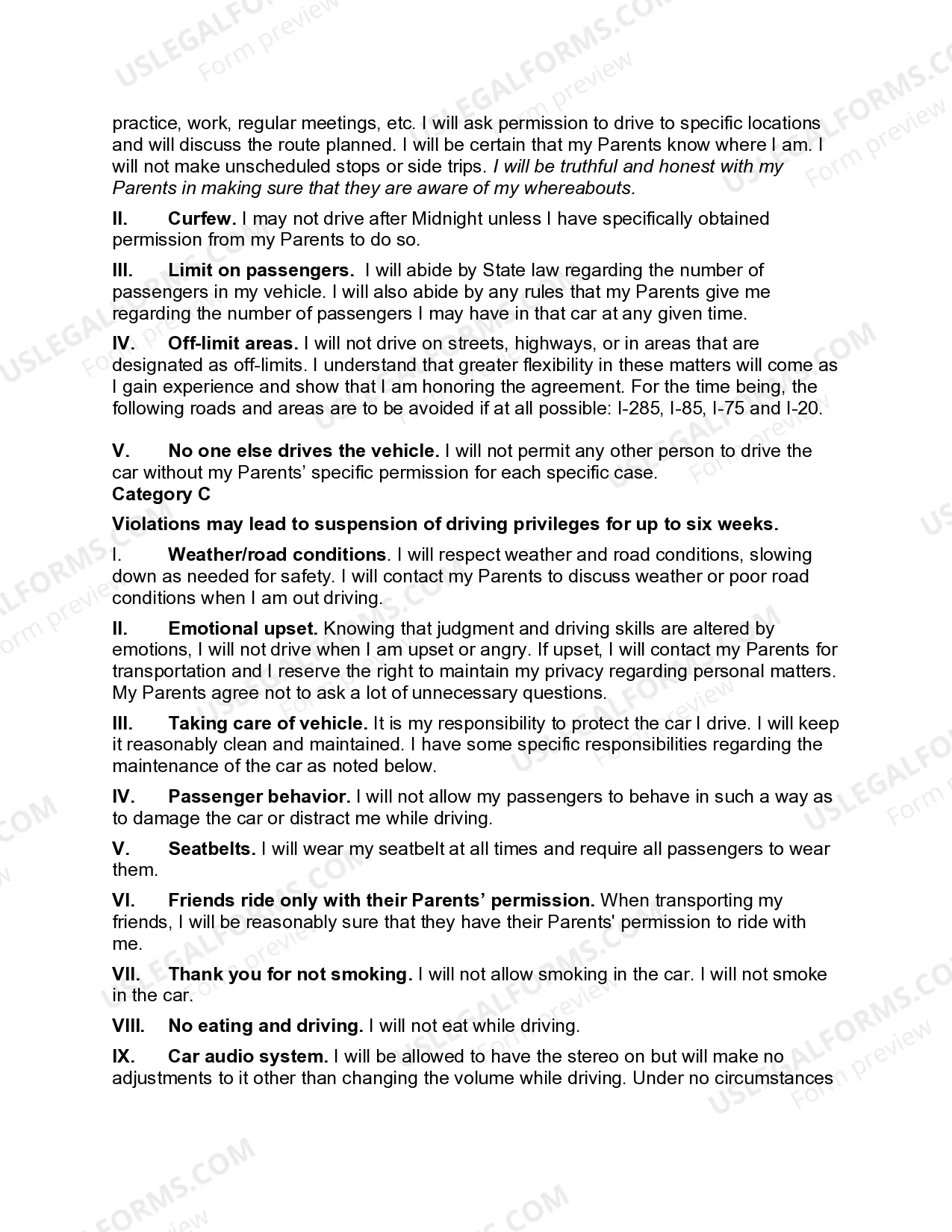 Preview Driving Privileges Agreement between Teenage Driver and Parents