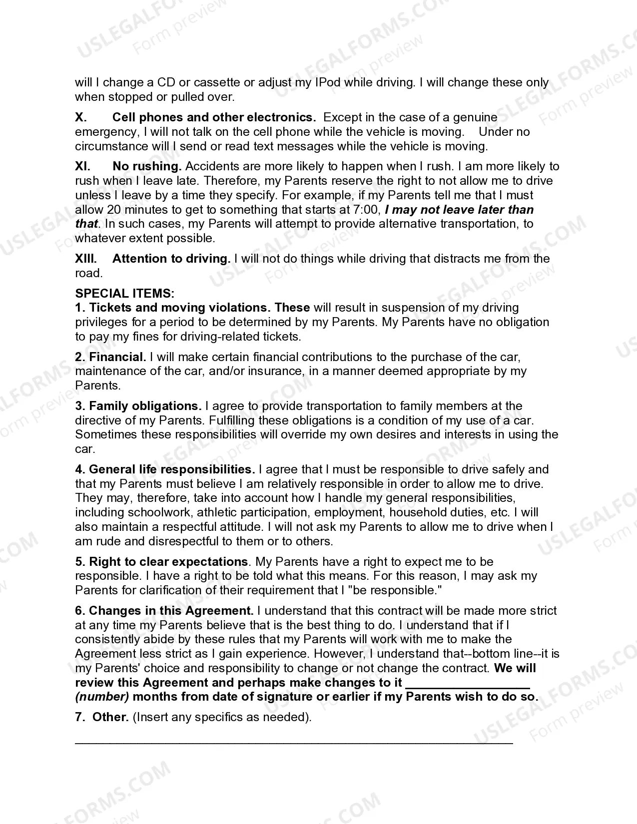 Preview Driving Privileges Agreement between Teenage Driver and Parents