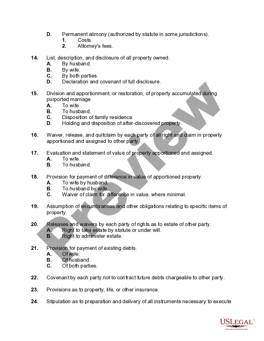 Get Checklist of Matters to be Considered in Drafting an Agreement for Division or Restoration of Property in Connection with a Proceeding for Annulment of a Marriage Preview Checklist of Matters to be Considered in Drafting an Agreement for Division or Restoration of Property in Connection with a Proceeding for Annulment of a Marriage