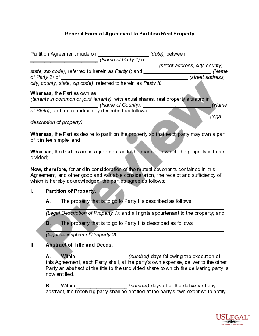 General Form of Agreement to Partition Real Property US Legal Forms