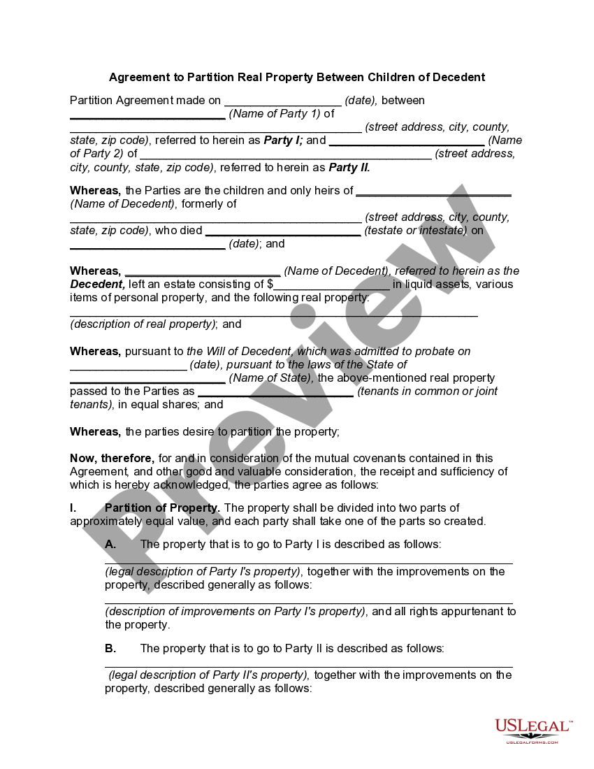 Agreement to Partition Real Property Between Children of Decedent US
