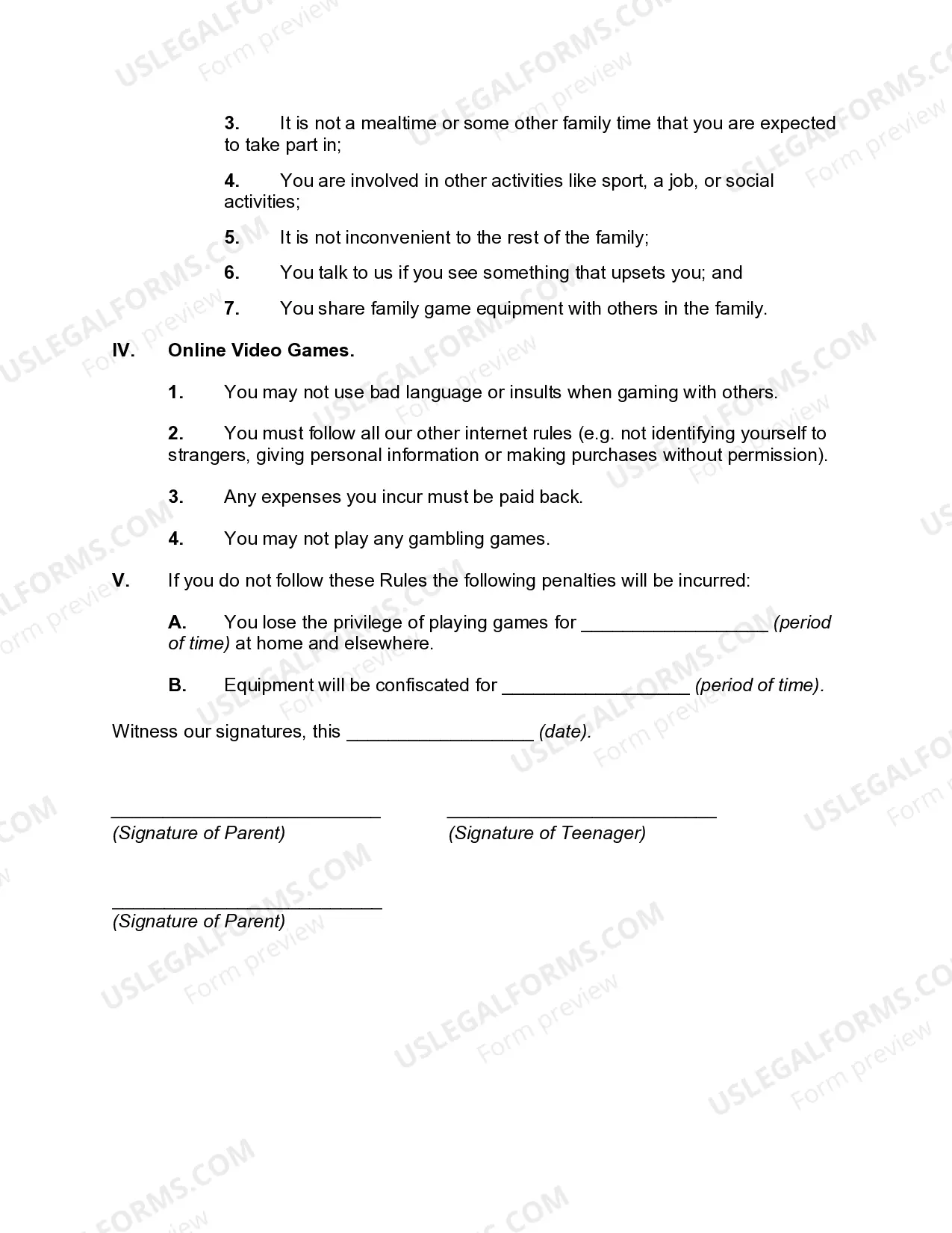 Preview Teen Gaming Agreement