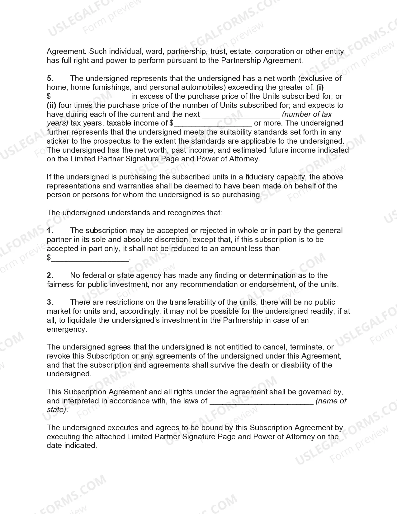 Preview Subscription Agreement regarding Limited Partnership