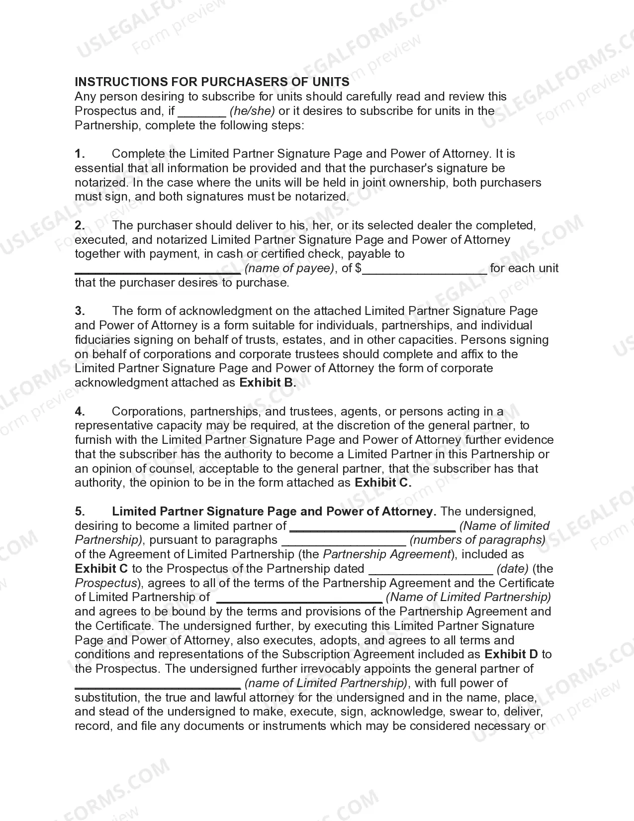 Preview Subscription Agreement regarding Limited Partnership