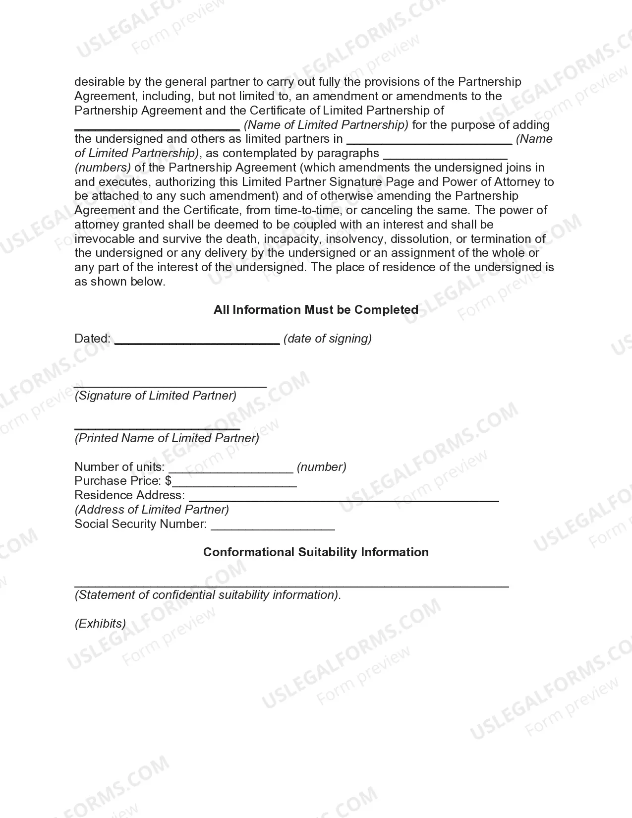 Preview Subscription Agreement regarding Limited Partnership