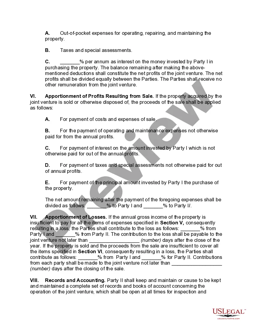 Get Joint Venture Agreement - Purchase and Operation of Apartment Building Preview Joint Venture Agreement - Purchase and Operation of Apartment Building