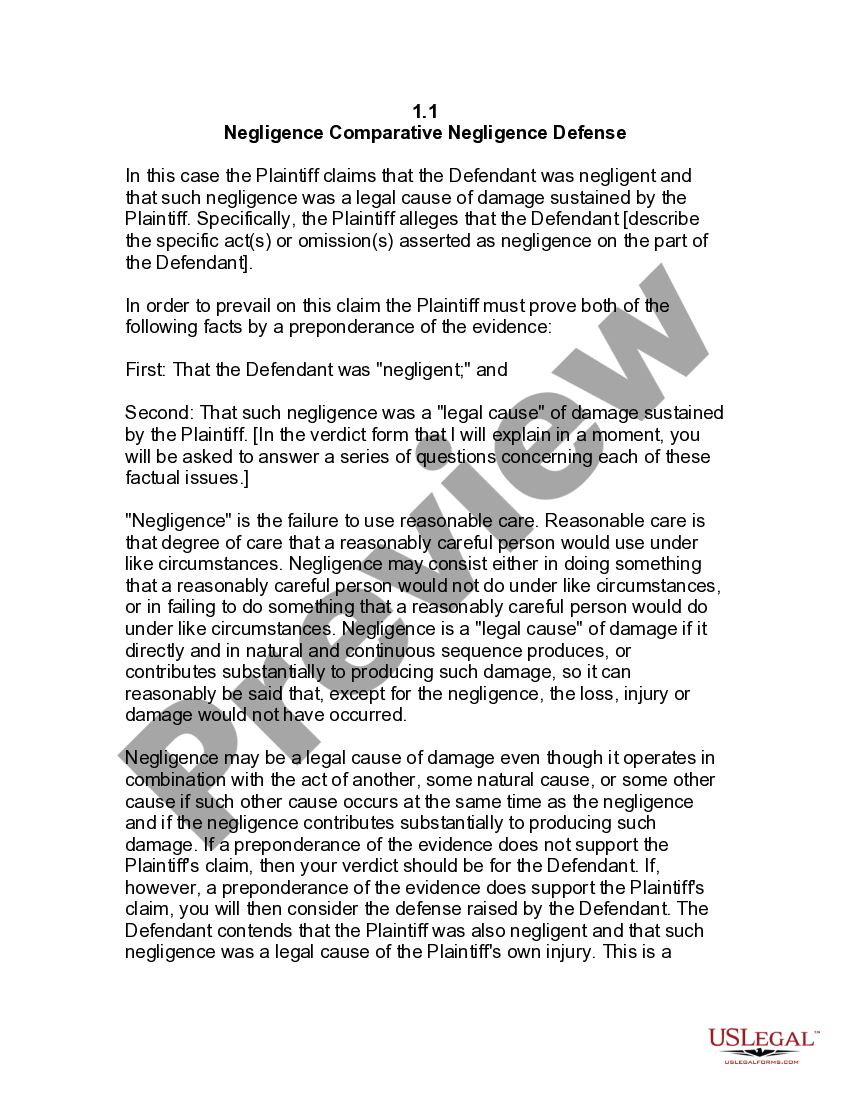 Jury Instruction 1.1 Comparative Negligence Defense US Legal Forms
