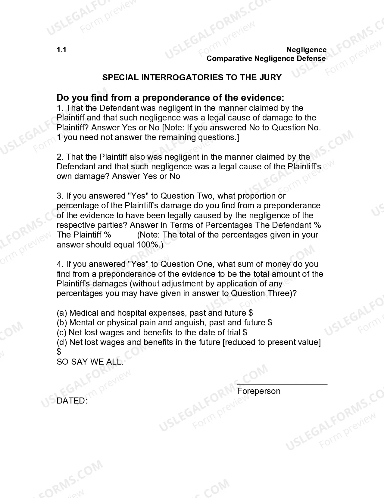 Preview Jury Instruction - 1.1 Comparative Negligence Defense