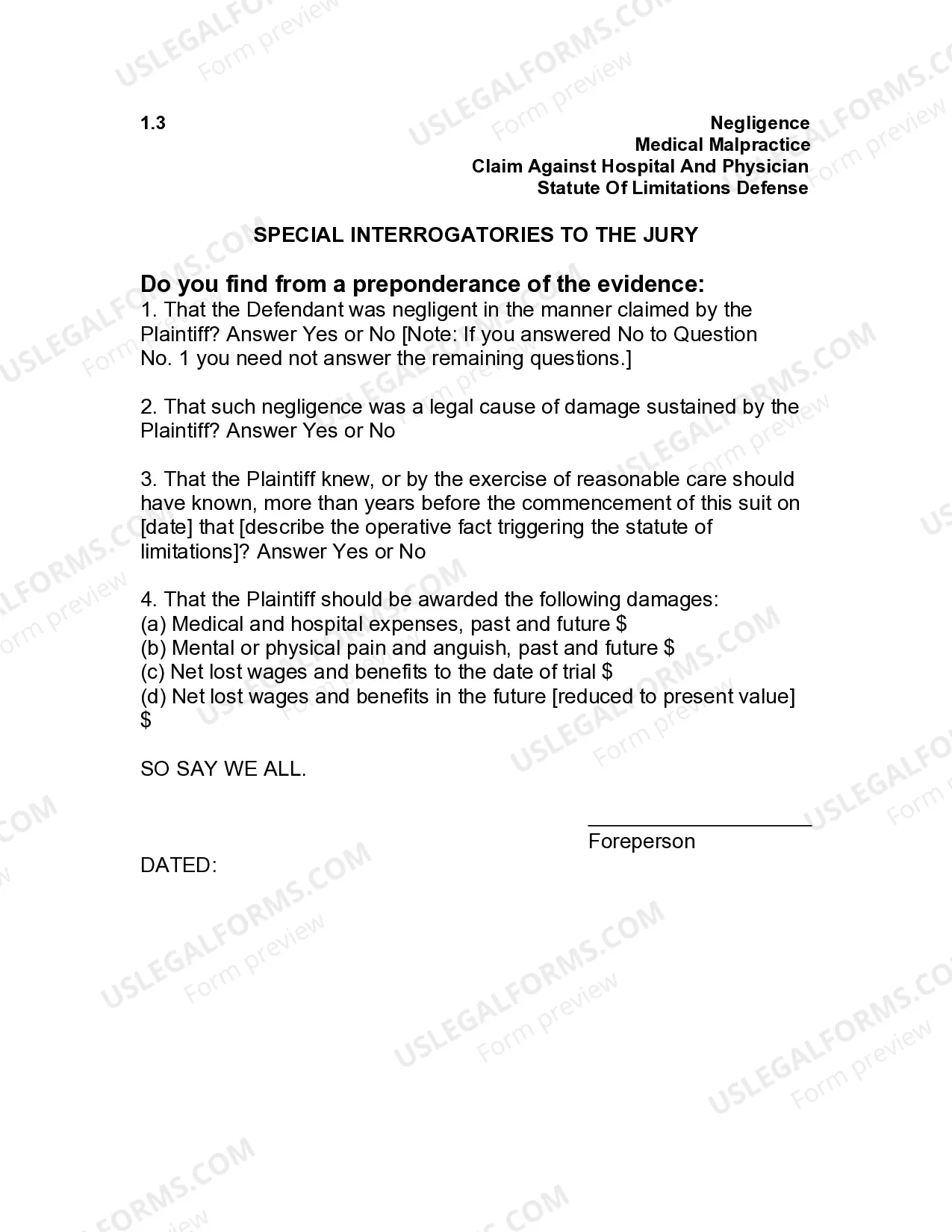 Preview Jury Instruction - 1.3 Medical Malpractice Claim Against Hospital And Physician Statute Of Limitations Defense