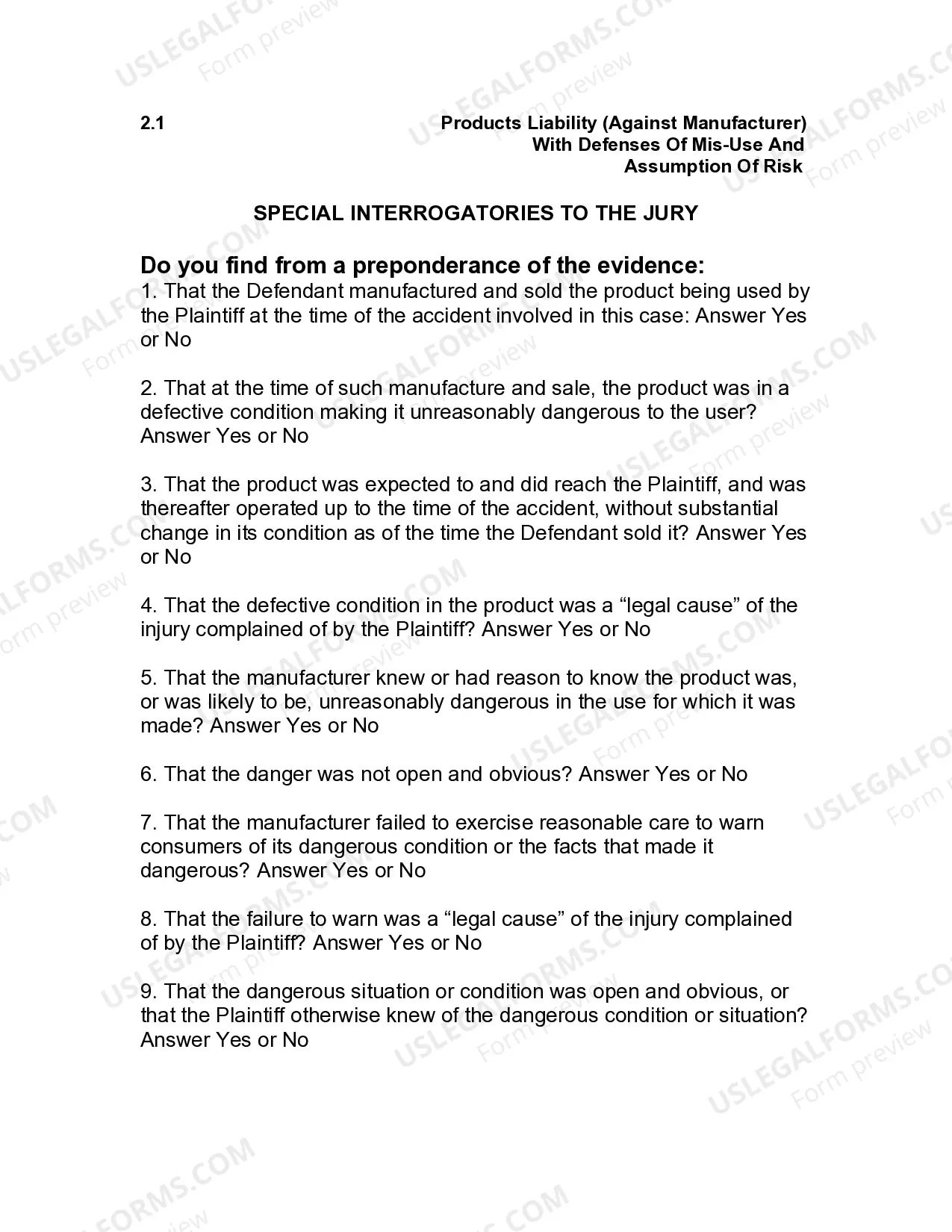 Preview Jury Instruction - 2.1 With Defenses Of Misuse And Assumption Of Risk