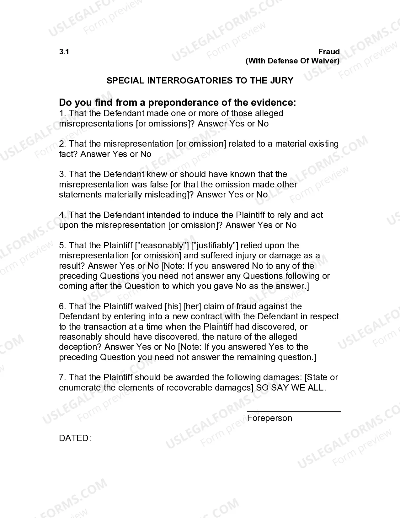 Preview Jury Instruction - 3.1 Fraud - With Defense Of Waiver