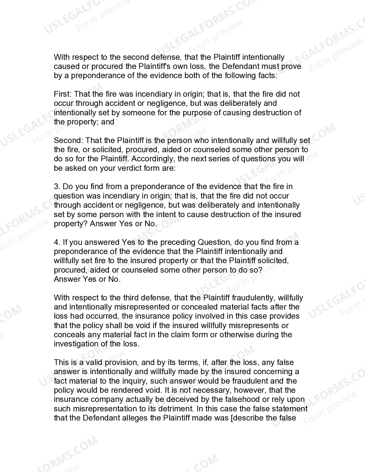 Preview Jury Instruction - 4.1 General Instruction With Defenses Based Upon False Application, Arson, And False Claim Form