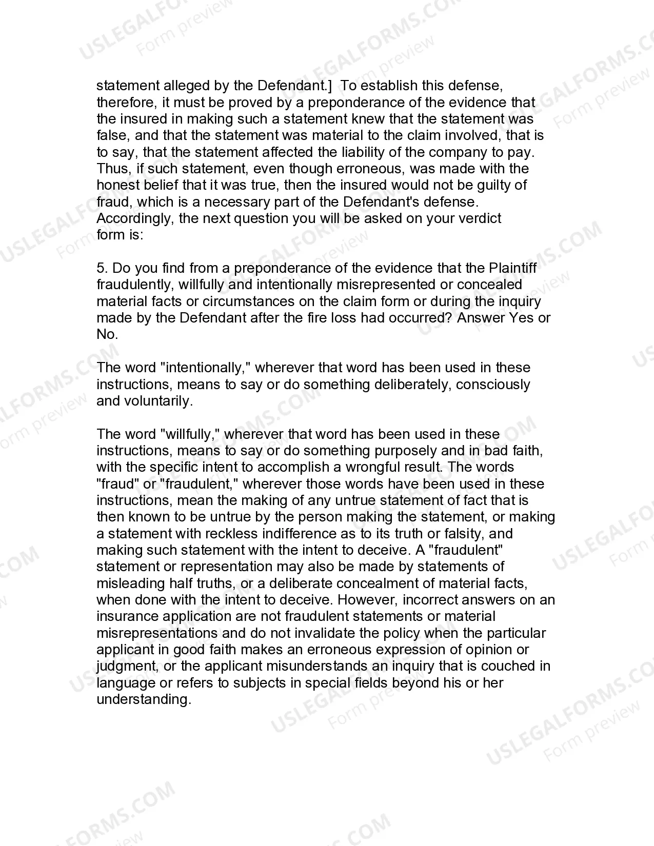 Preview Jury Instruction - 4.1 General Instruction With Defenses Based Upon False Application, Arson, And False Claim Form