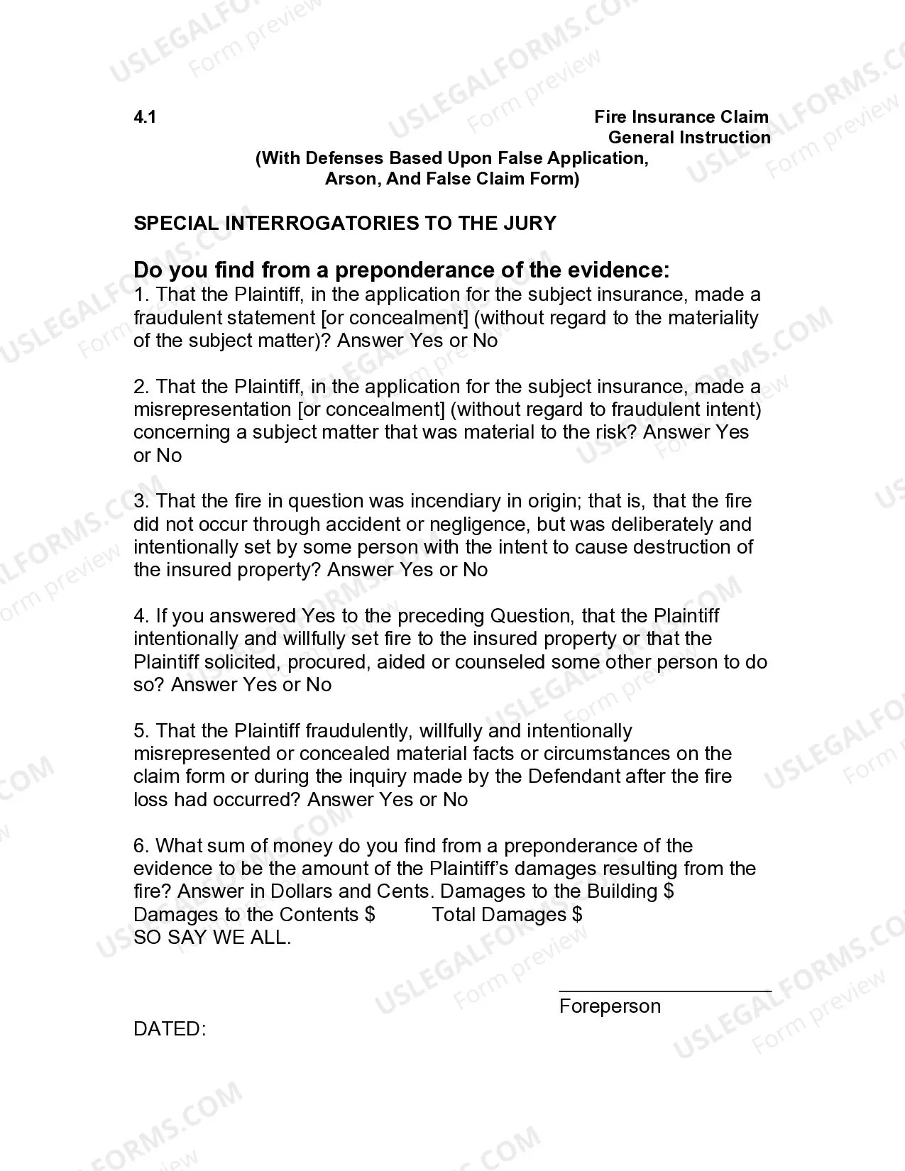 Preview Jury Instruction - 4.1 General Instruction With Defenses Based Upon False Application, Arson, And False Claim Form