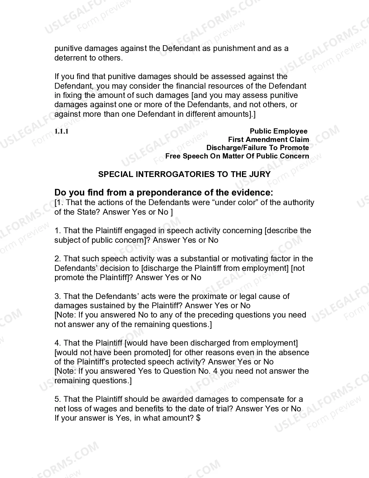 Preview Jury Instruction - 1.1.1 Public Employee First Amendment Claim Discharge - Failure To Promote Free Speech On Matter Of Public Concern