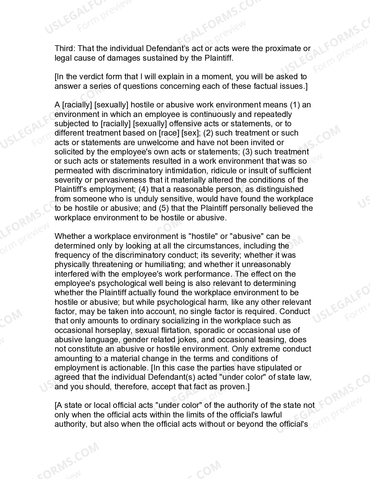 Preview Jury Instruction - 1.1.3 Public Employee Equal Protection Claim Race and or Sex Discrimination Hostile Work Environment - Separate Liability