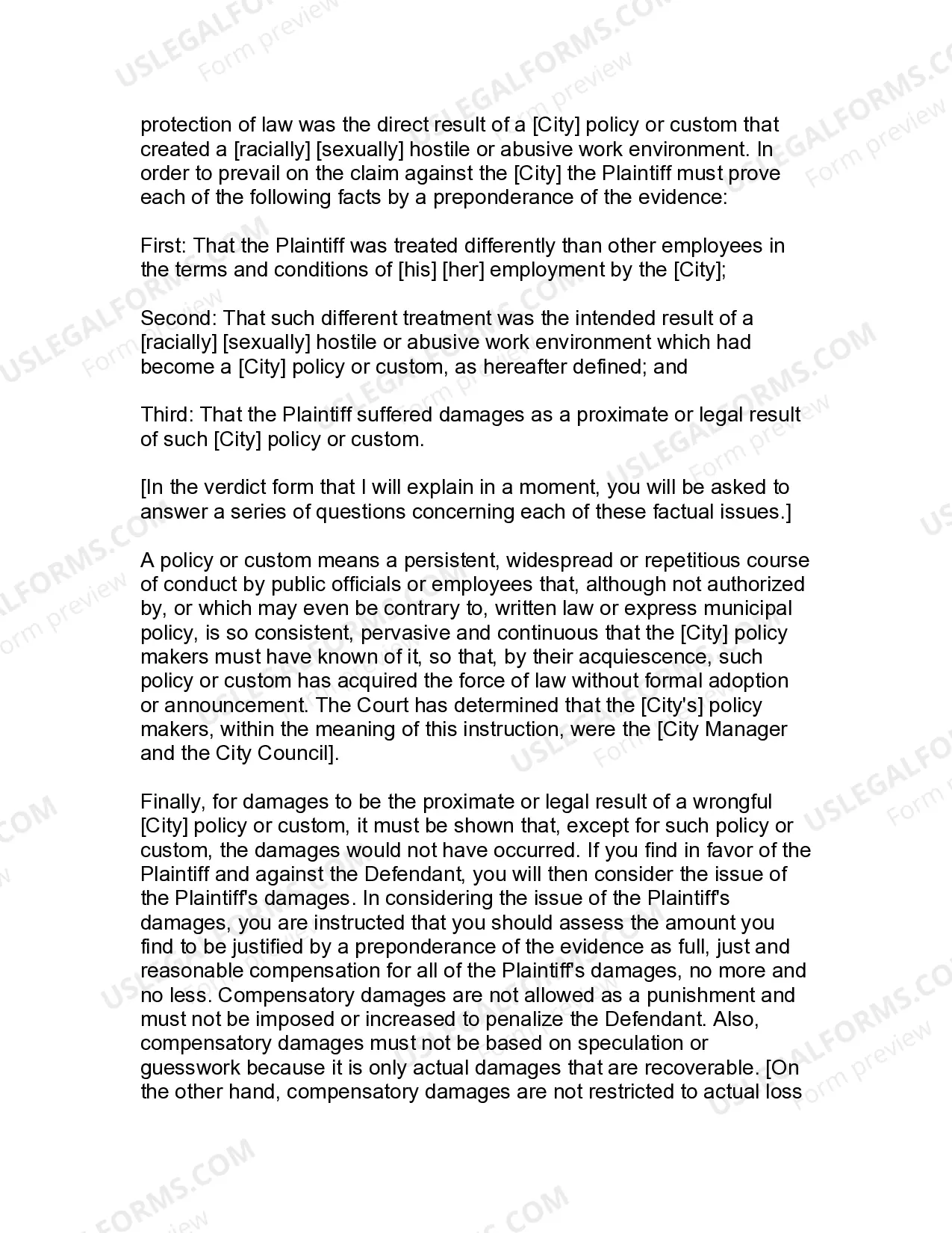 Preview Jury Instruction - 1.1.3 Public Employee Equal Protection Claim Race and or Sex Discrimination Hostile Work Environment - Separate Liability