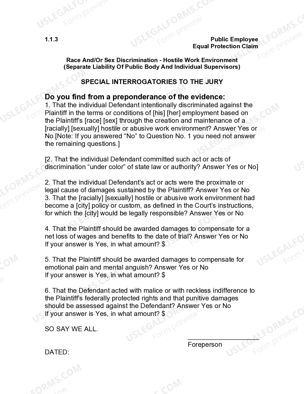 Preview Jury Instruction - 1.1.3 Public Employee Equal Protection Claim Race and or Sex Discrimination Hostile Work Environment - Separate Liability
