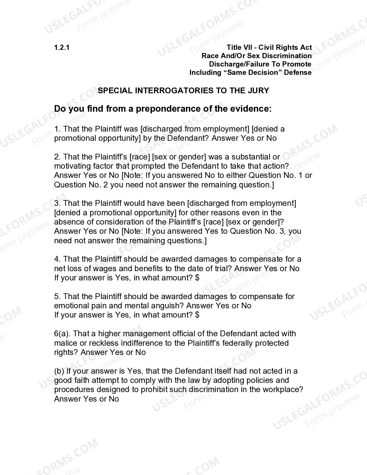 Preview Jury Instruction - 1.2.1 Race And Or Sex Discrimination Discharge - Failure To Promote Including - Same Decision Defense